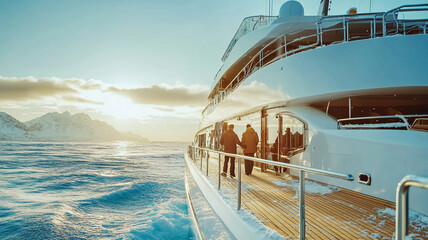 Enjoying a serene sunset cruise on a luxury yacht in chilly waters with mountain views