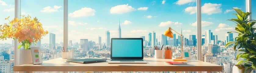 Obraz premium Expat home office with views of a foreign cityscape, remote work life and travel fusion