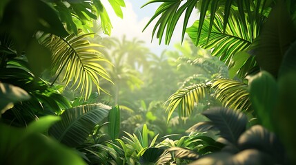 Fototapeta premium A healthy 3D green foliage framed by large tropical leaves, creating an energetic, refreshing natural scene