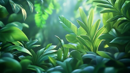 Lively 3D green plants with rich tropical leaves surrounding them, symbolizing the vibrancy of a tropical ecosystem