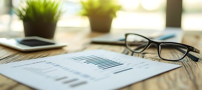 A financial report with graphs and charts on a desk, with empty space for text