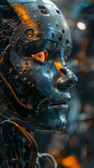 Futuristic Robotic Face with Intricate Circuitry and Glowing Eyes in a High-Tech Environment