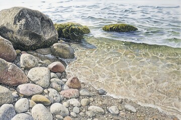 Obraz premium Tranquil Beach Scene with Gentle Waves and Rocks