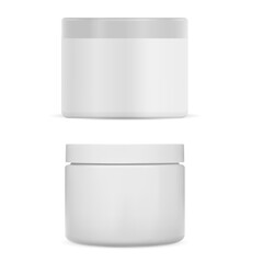 Cosmetic cream jar. White plastic container mockup. Face cream package clear template. Lotion jar mockup blank illustration. Luxury hand ointment pack for identity advertisement