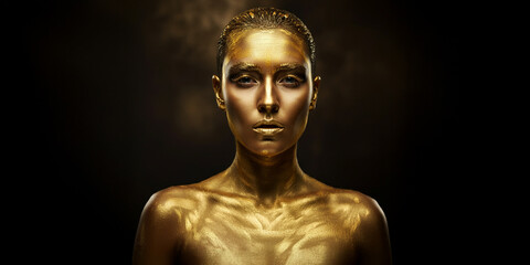 Beautiful Female Woman Model Coated with Gold Flake Paint, Fashion Style, Intense Sultry Eyes