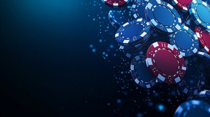 Floating Casino Poker Chips in Blue and Red Tones on Dark Background for Gaming, Luck, and Gambling Theme in Dramatic Lighting