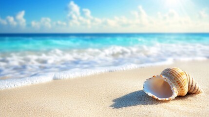 Obraz premium Tranquil seascape with a lone seashell resting on pristine sandy beach, turquoise waters gently lapping at the shore under a bright, cloud-dotted sky.