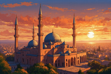 Obraz premium Anime style, sunset mosque scene, golden domes and tall minarets, tranquil orange sky, peaceful vibes