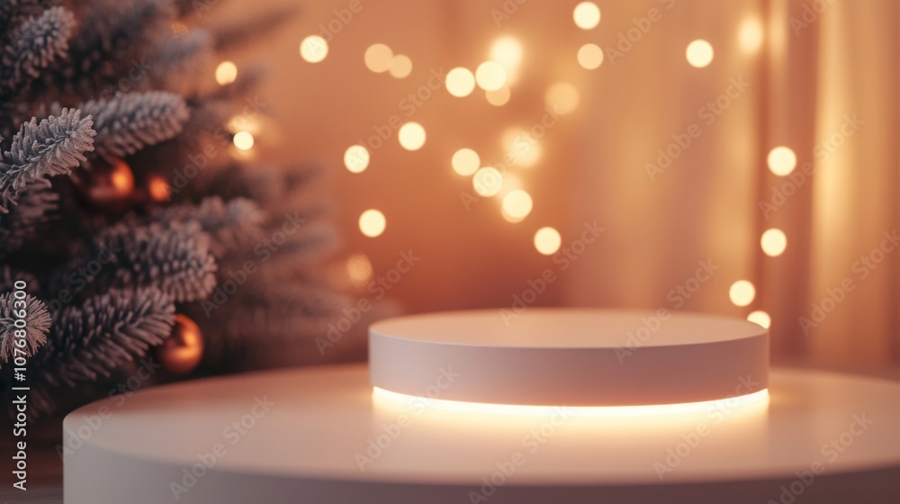 Poster a softly lit room adorned for the holidays showcases a minimalist display platform illuminated from 