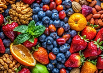 Obraz premium Vibrant Mixed Fruit and Nuts in Macro Photography - Healthy Snack, Colorful Ingredients, Close-up of Almonds, Walnuts, Berries, and Tropical Fruits.