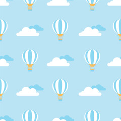 A Vibrant and Colorful Pattern Featuring Hot Air Balloons Floating Among Soft, Fluffy Clouds