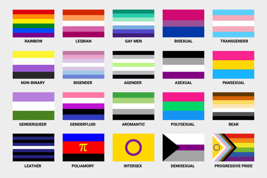LGBT sexual identity pride flags collection. Rainbow lesbian gay bisexual transgender non binary. Vector format.