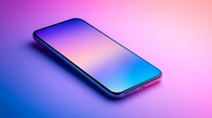 Smartphone mockup held at an angle on a vibrant background with blank screen for customization