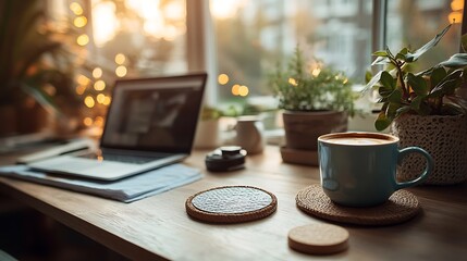Cozy workspace featuring a coffee warmer, coaster set, soft natural light, clean and simple layout, warm ambiance, organized and minimalist desk design. --ar 16:9