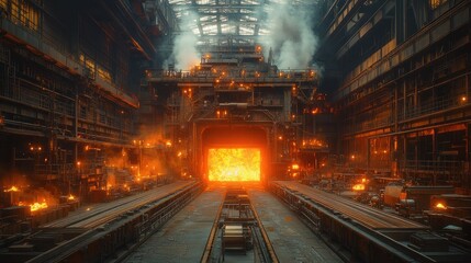 Fototapeta premium A fiery industrial scene depicting molten metal in a factory.