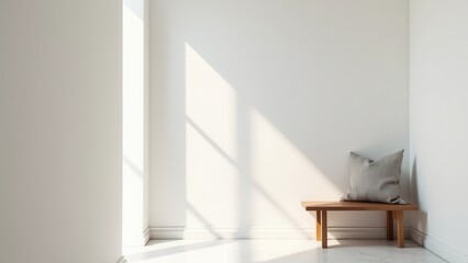 Entryway accent pieces. A bright, minimal hallway with a wooden bench and decorative pillows. Sunlight pours through the window, highlighting the floor.