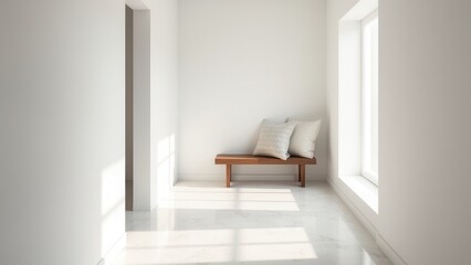 Fototapeta premium Entryway accent pieces. A bright, minimal hallway with a wooden bench and decorative pillows. Sunlight pours through the window, highlighting the floor.