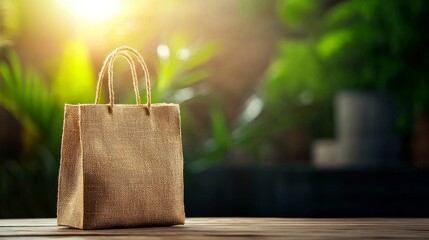 A rustic straw bag sits on a wooden surface, illuminated by soft sunlight, surrounded by vibrant greenery.