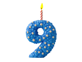 Colorful Blue Birthday Candle in the Shape of Number Nine with Polka Dots, Celebrating a Milestone Year of Joy and Festivities in a Vibrant Party Theme