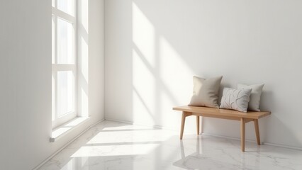 Entryway accent pieces. A bright, minimal hallway with a wooden bench and decorative pillows. Sunlight pours through the window, highlighting the floor.