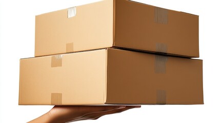 Hand holding two brown cardboard boxes, isolated on white background.