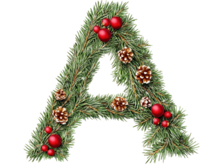 Elegant Christmas Letter A Decorated with Pine Needles, Red Ornaments, and Pine Cones for Holiday Design