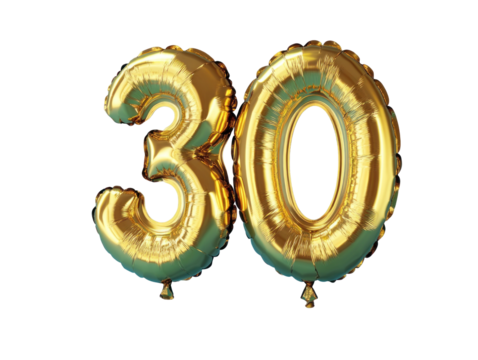 Stunning golden balloons shaped as the number 30, perfect for birthday celebrations, anniversary events, and milestone parties with a festive touch and elegant design