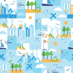 A Colorful Cityscape Featuring Vibrant Nature and Exciting Air Travel Elements All Around