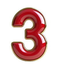 Glossy Red Number Three on a Transparent Background with Golden Trim Perfect for Celebrations, Anniversaries, and Birthday Themes, Eye-catching Decorative Element