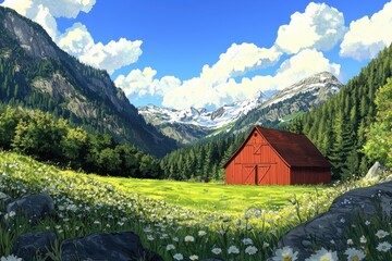 A serene landscape featuring a red barn surrounded by lush greenery and mountains.