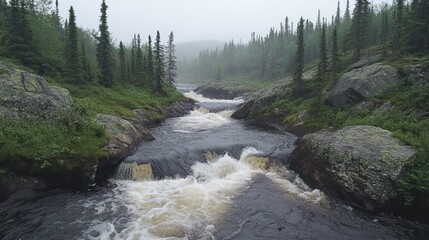 Foamy Creek Winding Through Misty Evergreen Forest