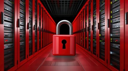 A vibrant red hallway with servers lined along the walls, featuring a large padlock in the center, symbolizing security and protection of data.