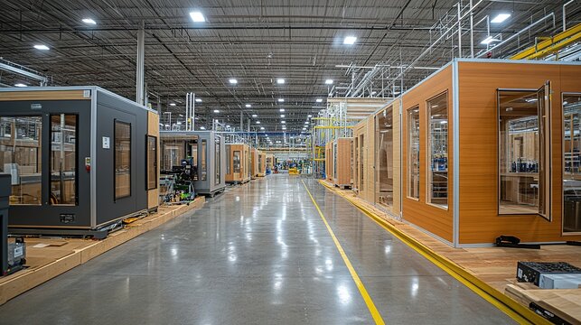 AI-powered machinery fabricating modular building components in a high-tech prefabrication facility.