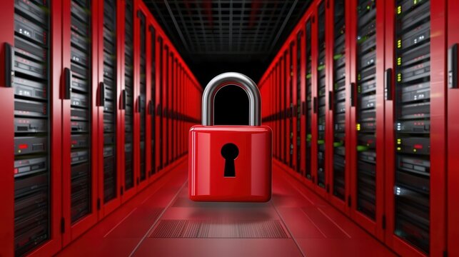 A vibrant red hallway with servers lined along the walls, featuring a large padlock in the center, symbolizing security and protection of data.