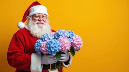 A cheerful smiling Santa in a red suit and white gloves holds a large bouquet of pink and blue hydrangeas in his hands. Bright yellow background. Place for text, banner. Close-up. Christmas, New Year