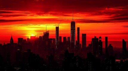 Fototapeta premium A fiery orange sunset over the New York City skyline, with the city's iconic skyscrapers silhouetted against the vibrant sky.