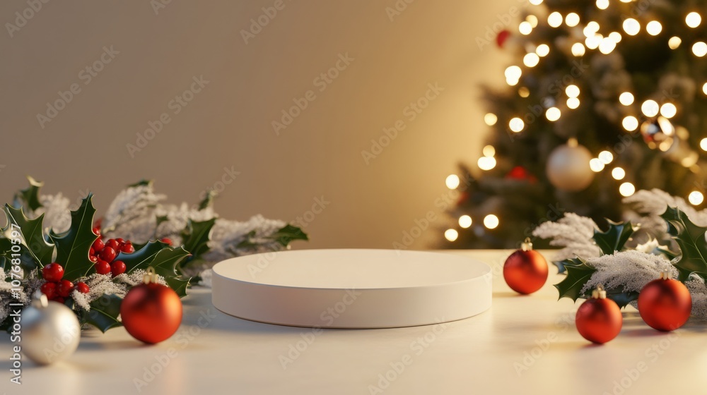 Poster A white podium sits on a table with a Christmas tree in the background. The tree is decorated with lights and is slightly out of focus.