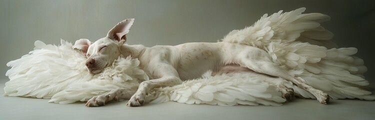 Obraz premium dog sleeping on angel wings isolated on white background