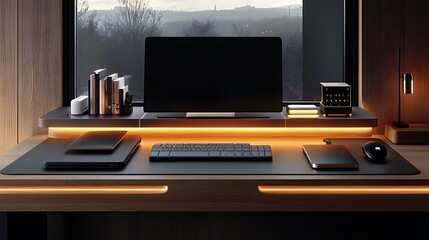 Fototapeta premium Minimalist workspace with a sleek docking station organizing all tech devices, clean and uncluttered desk, bright natural light, modern design, productivity-focused, soft ambient lighting, warm tones.