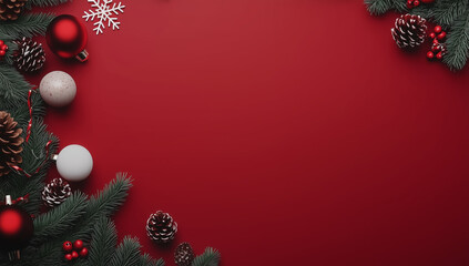 red christmas background with balls and fir branches