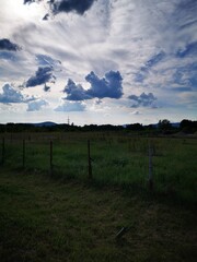 Obraz premium A serene landscape under a cloudy sky near a lush green field in the countryside during late afternoon
