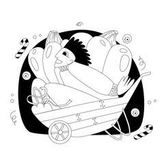 Vector illustration in doodle and flat style on Halloween theme in purple and orange shades. Man in witch hat and with pumpkin. Illustration on Halloween theme.
