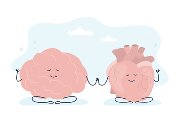 Cute cartoon human brain and heart characters relax and meditate. Central nervous system organ and cardiovascular system meditating in lotus yoga pose. Calm, relax mascots.