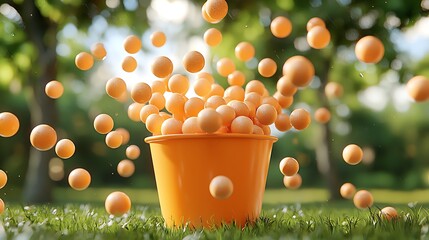 Vibrant Orange Balls Splashing Out of a Bright Orange Bucket Surrounded by Lush Green Nature and Soft Sunlight Creating a Playful Outdoor Scene