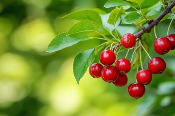 Vivid red berries cluster against a rich green leaf background under sunlight.