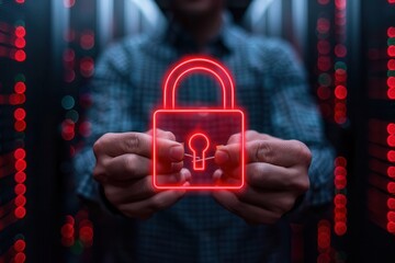 A person holds a glowing red digital padlock in a server room, symbolizing cybersecurity and data protection in a high-tech environment.