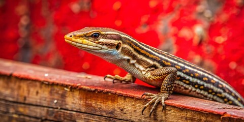 Naklejka premium Illustration of a Florida Six Lined Racer Lizard on a Worn Out Red Background Sign, Showcasing Its Unique Features and Colors in a High Depth of Field Style for Nature Lovers and Enthusiasts