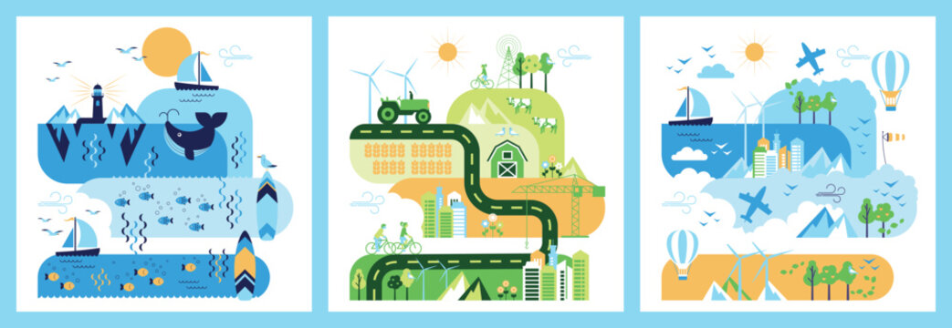 Vibrant and Colorful Vector Landscape Illustrations for Water, Sky and Land. Ideal for Travel and Exciting Adventure