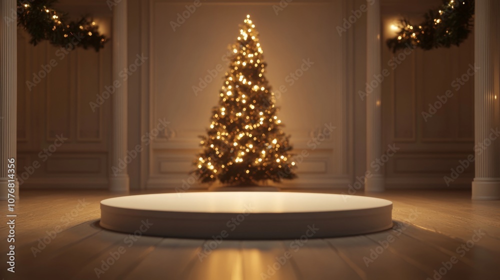 Poster a decorated christmas tree stands in the center of a room with white walls and a round platform in t