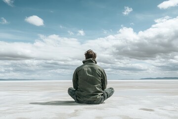 Fototapeta premium A man is sitting on the beach, looking out at the ocean